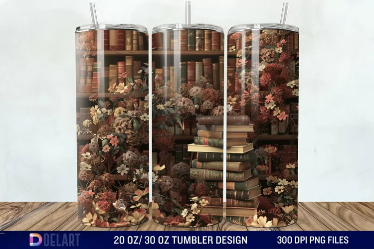 3D Vintage Books Flowers Tumbler Wrap
