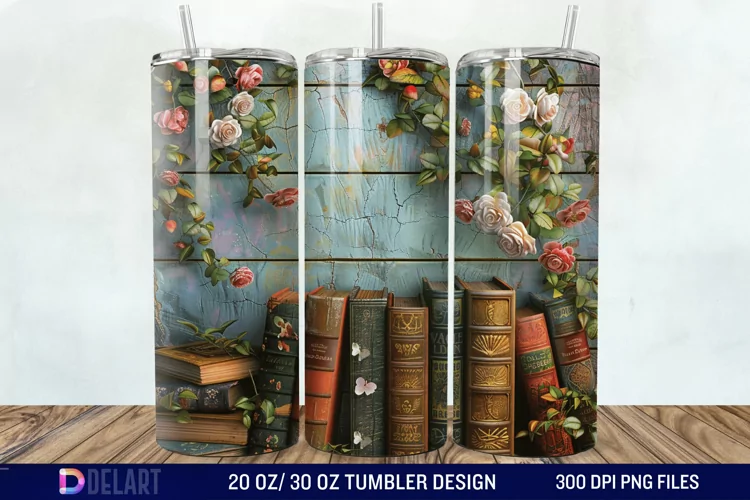 3D Vintage Books Flowers Tumbler Wrap