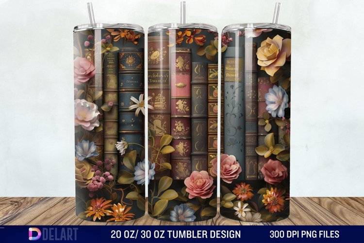 3D Vintage Books Flowers Tumbler Wrap