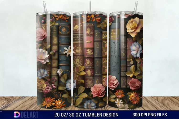 3D Vintage Books Flowers Tumbler Wrap