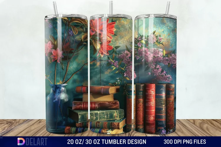 3D Vintage Books Flowers Tumbler Wrap