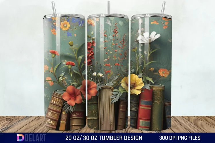 3D Vintage Books Flowers Tumbler Wrap