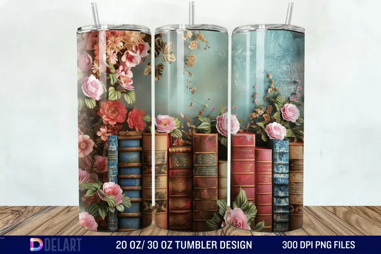 3D Vintage Books Flowers Tumbler Wrap