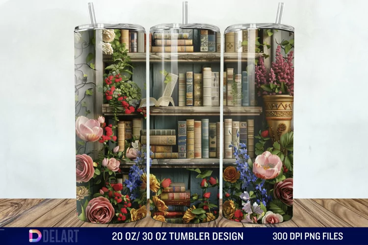 3D Vintage Books Flowers Tumbler Wrap