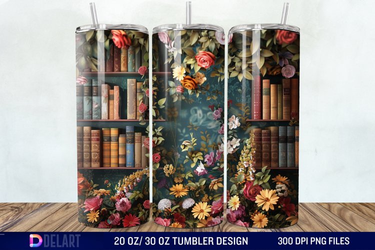 3D Vintage Books Flowers Tumbler Wrap