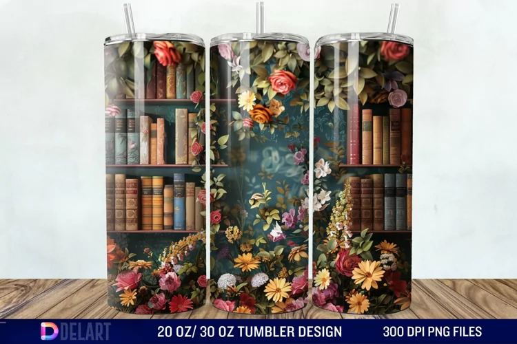 3D Vintage Books Flowers Tumbler Wrap