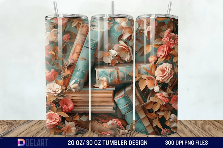 3D Vintage Books Flowers Tumbler Wrap
