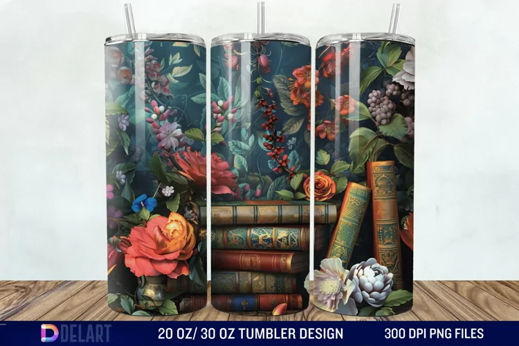 3D Vintage Books Flowers Tumbler Wrap