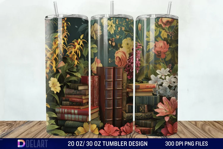3D Vintage Books Flowers Tumbler Wrap