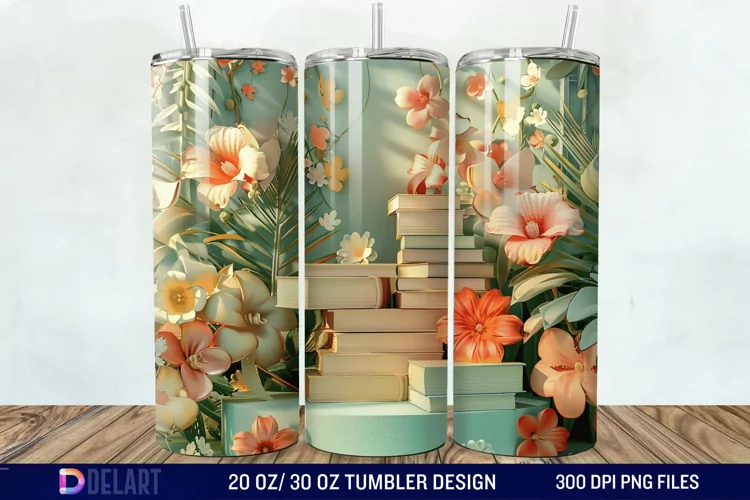 3D Vintage Books Flowers Tumbler Wrap