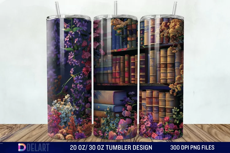 3D Vintage Books Flowers Tumbler Wrap