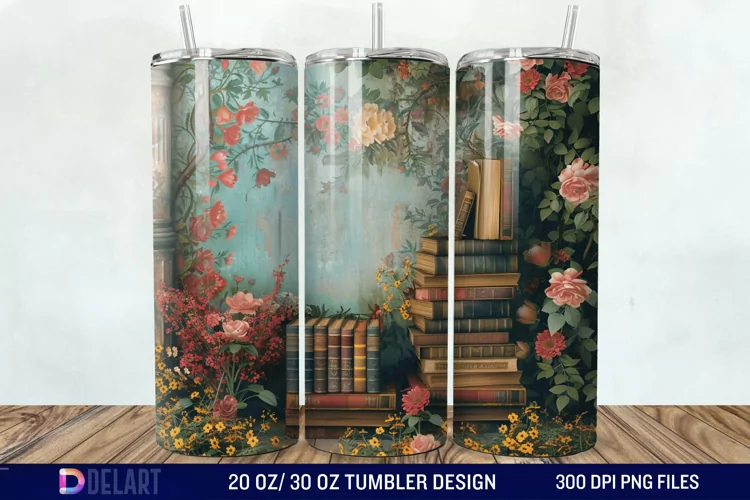 3D Vintage Books Flowers Tumbler Wrap