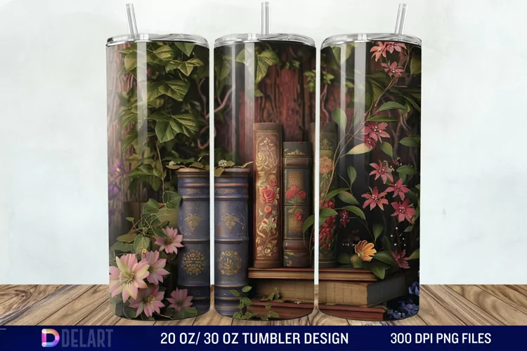 3D Vintage Books Flowers Tumbler Wrap