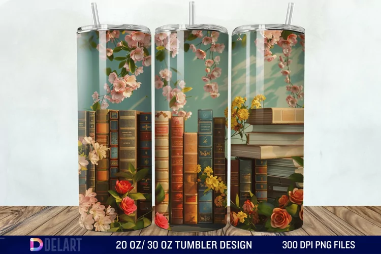 3D Vintage Books Flowers Tumbler Wrap