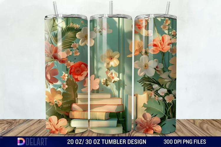 3D Vintage Books Flowers Tumbler Wrap
