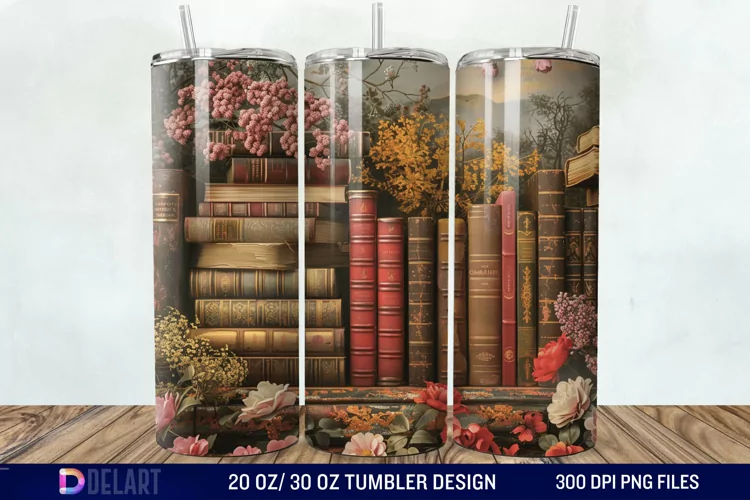 3D Vintage Books Flowers Tumbler Wrap