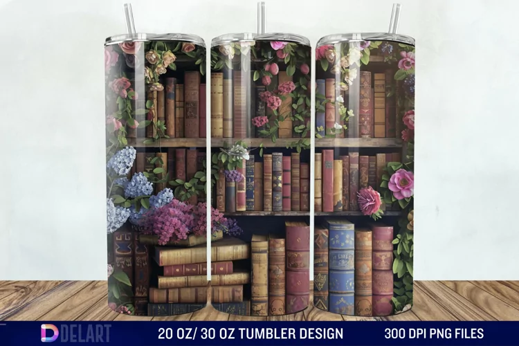 3D Vintage Books Flowers Tumbler Wrap