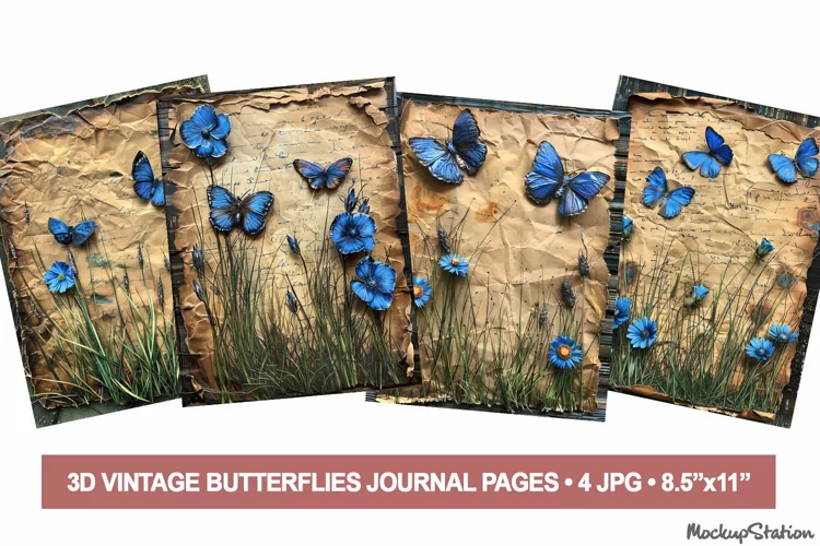 Butterflies Junk Journal Pages |3D Old Papers for Scrapbook