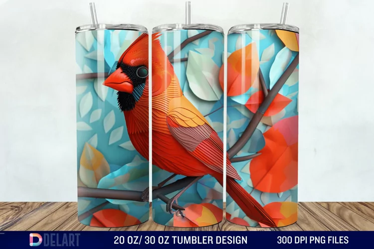 3D Vintage Cardinal Bird Tumbler Wrap