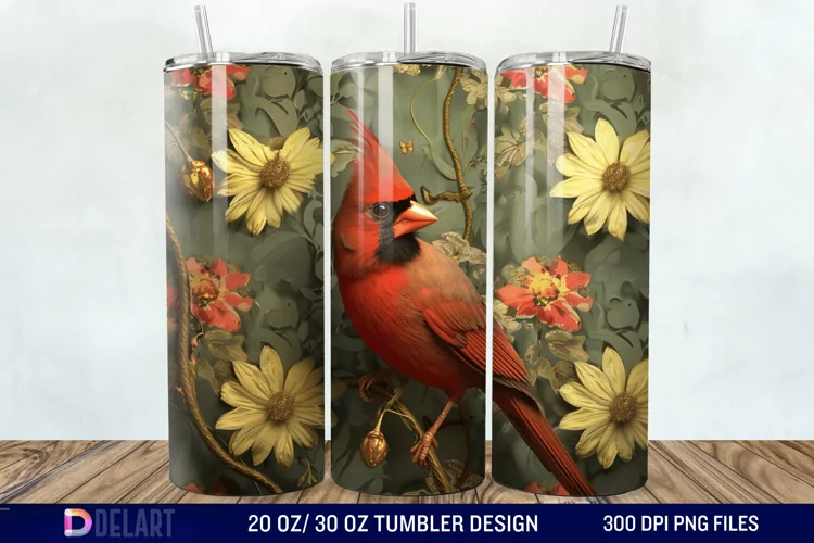 3D Vintage Cardinal Bird Tumbler Wrap