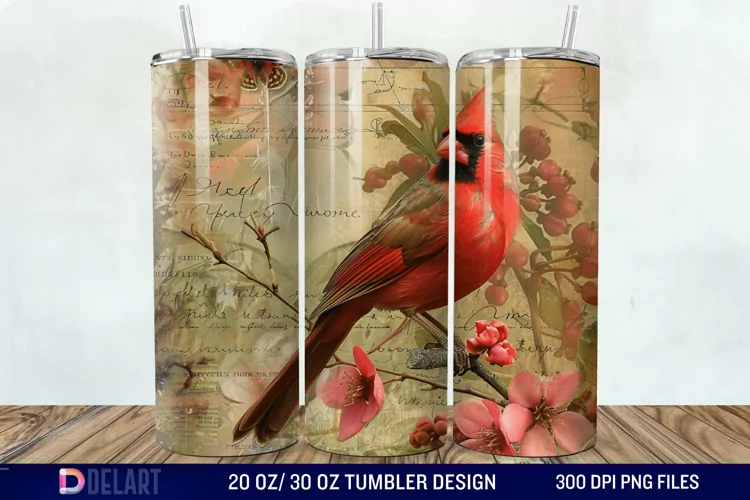 3D Vintage Cardinal Bird Tumbler Wrap