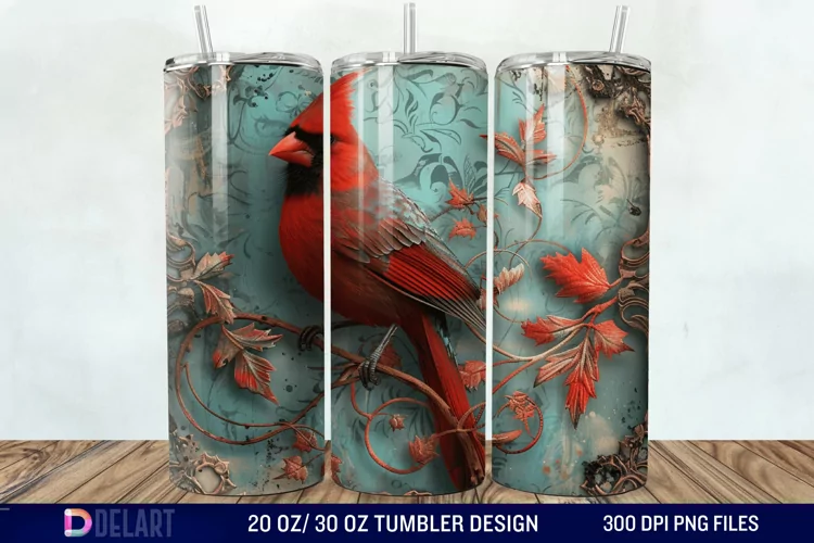 3D Vintage Cardinal Bird Tumbler Wrap