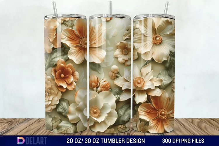 3d Vintage Flowers Tumbler Wrap