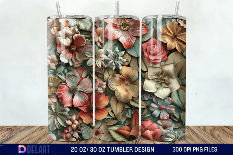 3d Vintage Flowers Tumbler Wrap