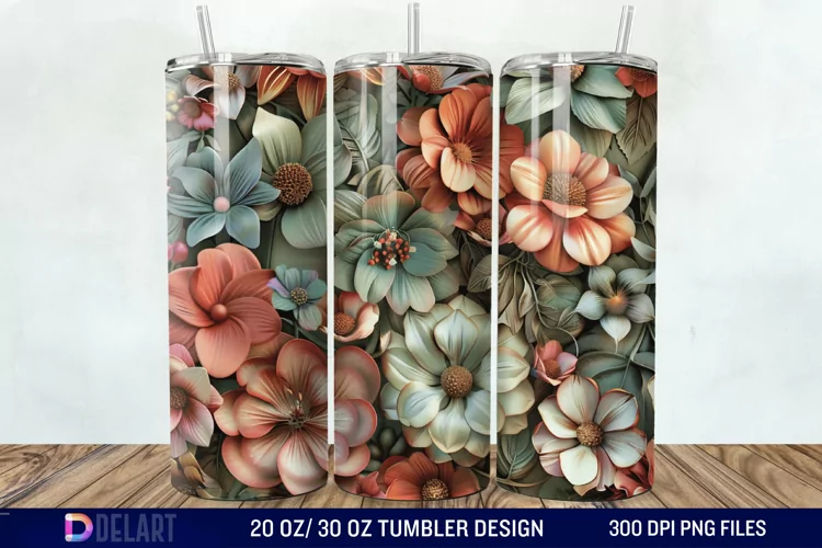 3d Vintage Flowers Tumbler Wrap