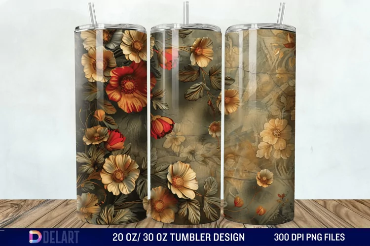 3d Vintage Flowers Tumbler Wrap