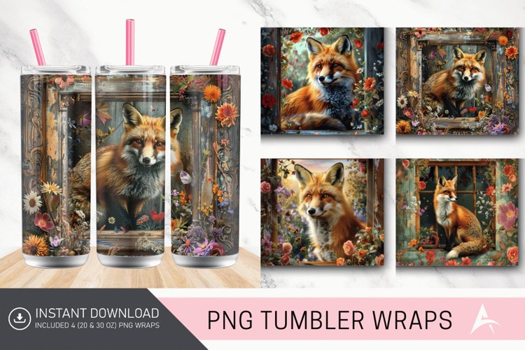 3D Vintage Fox In A Window Flowers Tumbler wrap example image 1