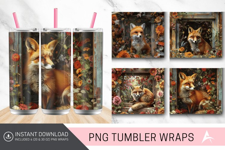 3D Vintage Fox In A Window Flowers Tumbler wrap example image 1