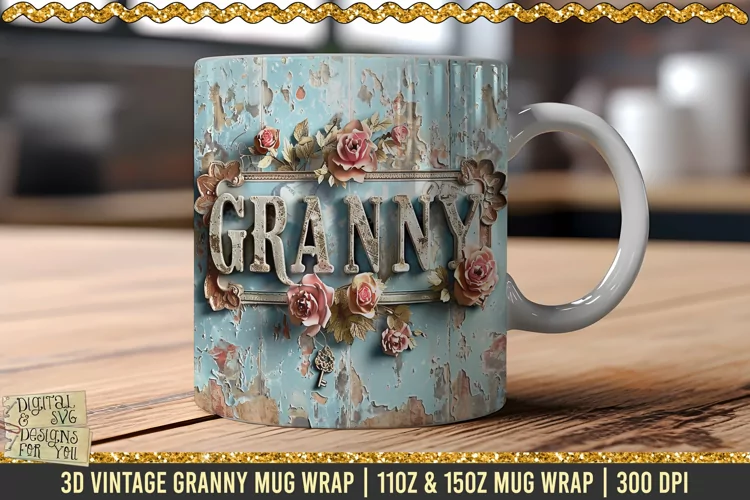 3D Vintage Granny Mug Wrap / 3D Granny