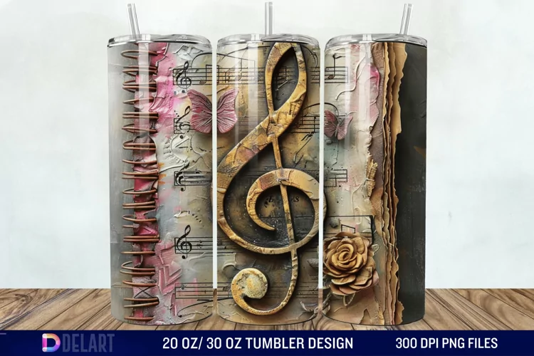 3D Vintage Journal Music Note Tumbler Wrap
