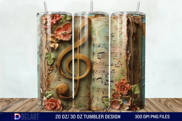 3D Vintage Journal Music Note Tumbler Wrap