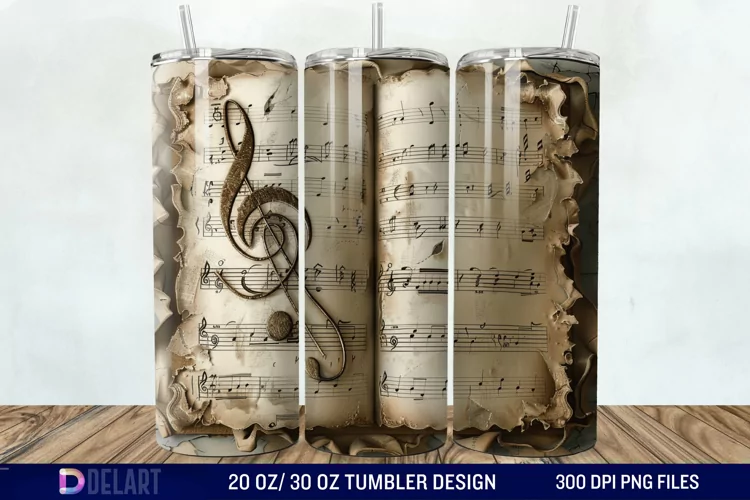 3D Vintage Journal Music Note Tumbler Wrap