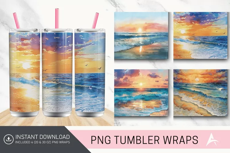 3D Watercolor Beach Sunrise Tumbler wrap