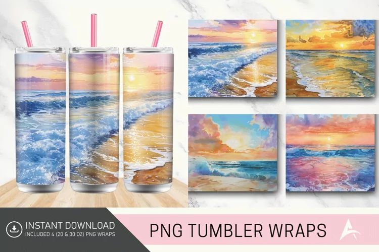 3D Watercolor Beach Sunrise Tumbler wrap