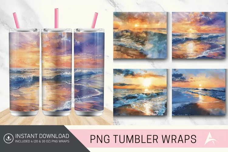 3D Watercolor Beach Sunrise Tumbler wrap