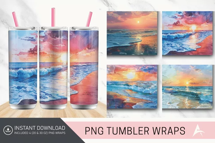 3D Watercolor Beach Sunrise Tumbler wrap