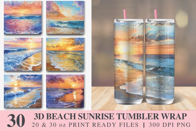 3D Watercolor Beach Sunrise Tumbler wrap Bundle
