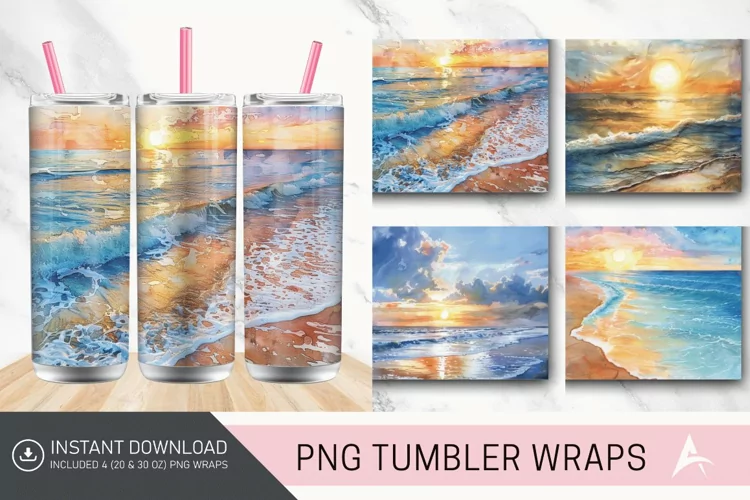 3D Watercolor Beach Sunrise Tumbler wrap