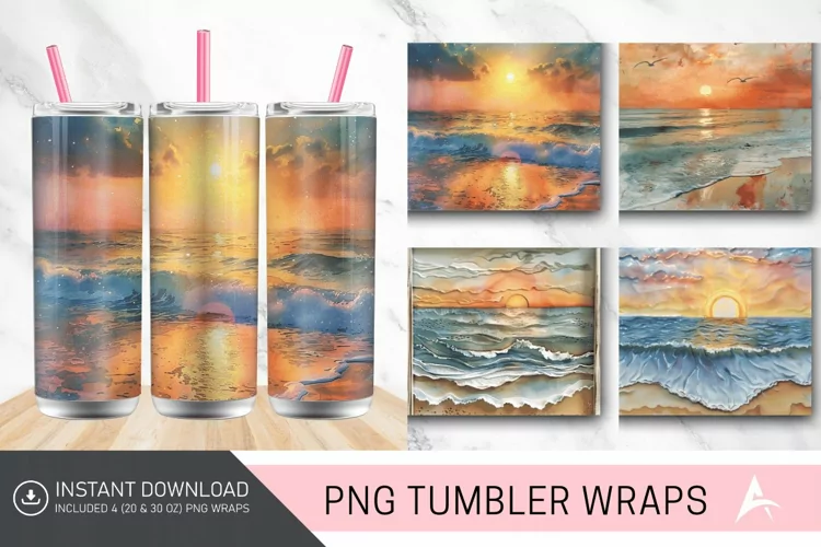 3D Watercolor Beach Sunrise Tumbler wrap