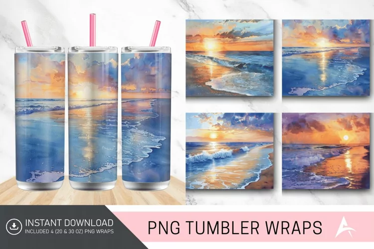 3D Watercolor Beach Sunrise Tumbler wrap