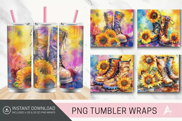 3D Watercolor Boots Sunflowers Flower Tumbler wrap
