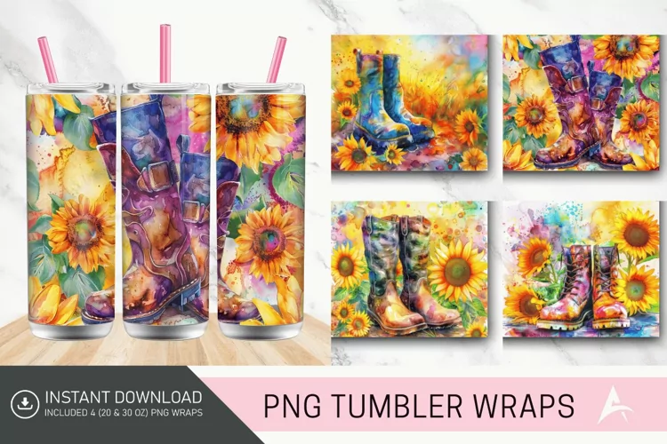 3D Watercolor Boots Sunflowers Flower Tumbler wrap
