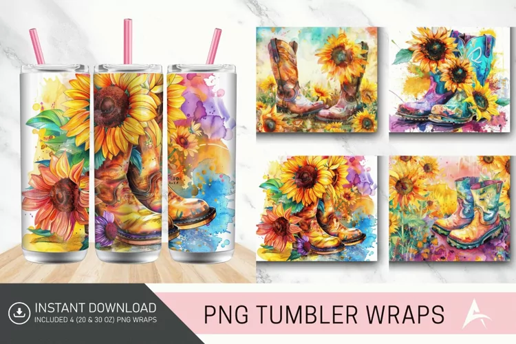 3D Watercolor Boots Sunflowers Flower Tumbler wrap