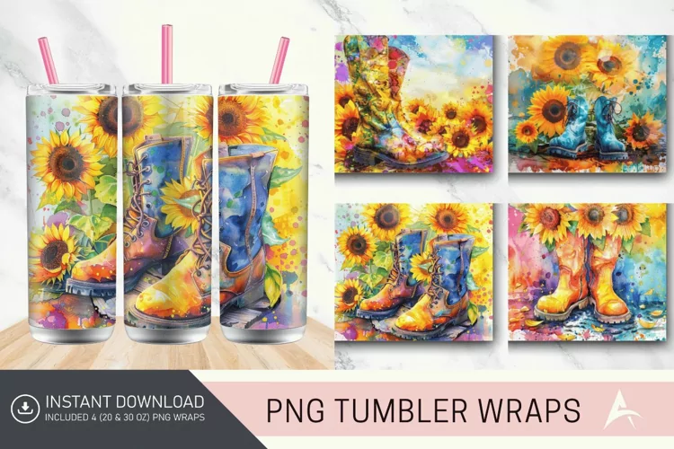 3D Watercolor Boots Sunflowers Flower Tumbler wrap