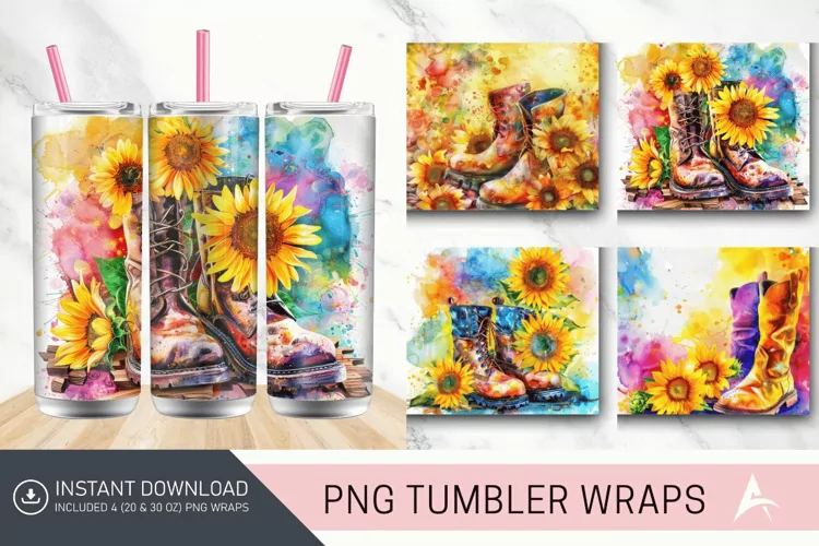 3D Watercolor Boots Sunflowers Flower Tumbler wrap