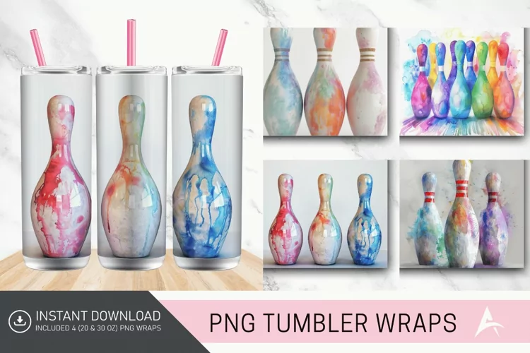 3D Watercolor Bowling Pins Tumbler Wrap